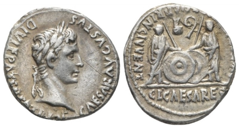 Octavian as Augustus, 27 BC – 14 AD Denarius Lugdunum circa 2 BC-4 AD, AR 18.4mm...