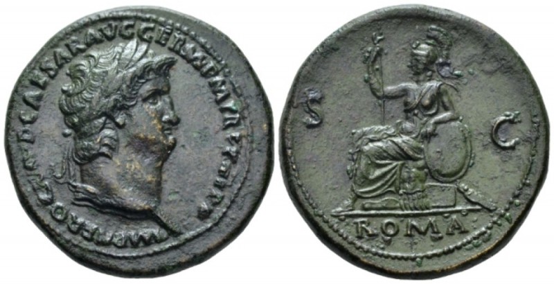 Nero, 54-68 Sestertius Roma circa 62-68, Æ 35mm., 26.55g. Laureate head r., glob...