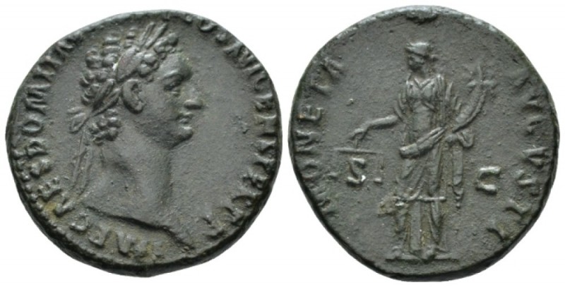 Domitian, 81-96 As circa 84, Æ 26.5mm., 11.06g. Laureate bust r. Rev. Moneta sta...