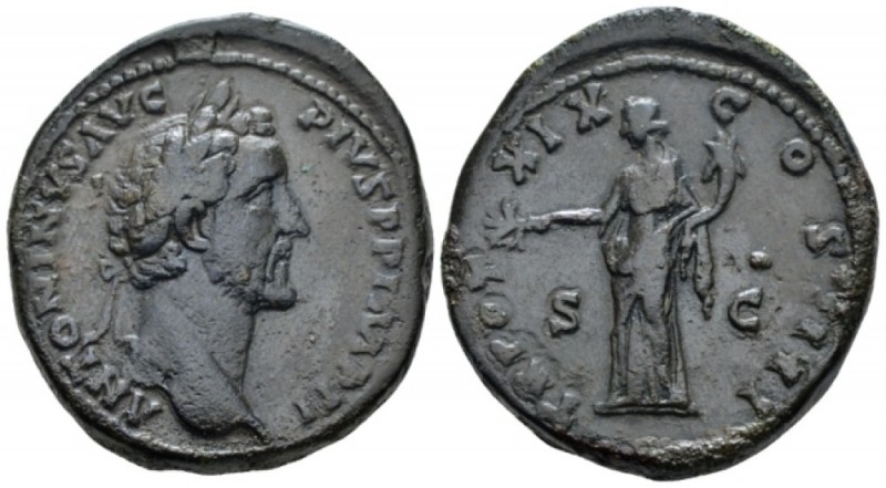 Antoninus Pius, 138-161 Sestertius circa 156, Æ 33mm., 31.61g. Laureate bust r. ...