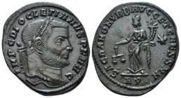 Diocletian, 284-305 Follis circa 302-303, Æ 29mm., 11.24g. Laureate head r. Rev. Moneta standing l., holding scales and cornucopia; in r. field, star....
