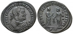 Maximianus Herculius, first reign 286-305 Follis Ticinum circa 305-306, Æ 28mm., 10.13g. Laureate bust r. in consular robes with olive branch and mapp...