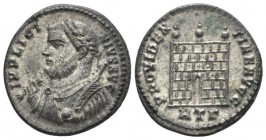 Licinius, 308-324 Follis Heraclea circa 316-317, billon 18.7mm., 3.66g. IMP LICI – NIVS AVG Laureate and draped bust l., holding thunderbolt, globe an...