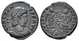 Constans, 337-350 Nummus Treveri circa 347-348, Æ 15mm., 1.45g. Rosette-diademed, draped and cuirassed bust r. Rev. Two victories advancing towards on...