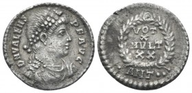 Valens, 364-378 Siliqua Antiochia circa 367-375, AR 18mm., 1.94g. Pearl-diademed, draped and cuirassed bust r. Rev. VOT X MVLT XX in four lines within...