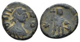 Zeno, 474-491 Minimus Uncertain mint circa 474-491, Æ 11.2mm., 1.30g. D N Z(retrograde)INO Draped and helmeted bust r. Rev. ZENO The Emperor standing ...