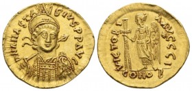 Anastasius I, 491 – 518 Solidus 491-498 circa 491-498, AV 21.2mm., 4.51g. Pearl diademed, helmeted and cuirassed bust facing three-quarters r., holdin...