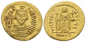 Phocas, 23 November 602 – 5 October 610. Solidus circa 607-610, AV 20.8mm., 4.36g. D N FOCAS – PERP AVI Draped and cuirassed bust facing, wearing crow...