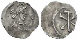 Anonymous. temp. Tiberius II – Maurice Tiberus, circa 580-600 Half Siliqua(?) Constantinople circa 580-600, AR 17mm., 0.53g. Helmeted, draped, and cui...
