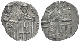 Theodore I Comnenus-Lascaris. Emperor of Nicaea, 1208-1222 Trachy Magnesia circa 1208-1222, AR 18mm., 1.42g. Christ enthroned facing; no dots on Gospe...