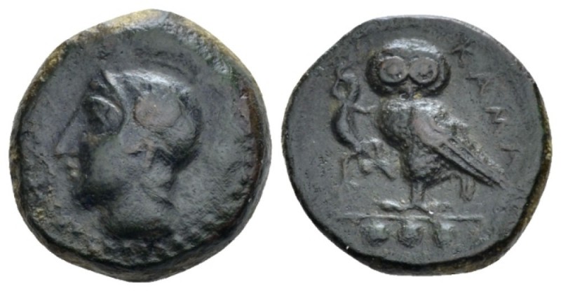 Sicily, Camarina Tetras circa 420-405, Æ 14mm., 3.61g. Head of Athena l. Rev. Ow...