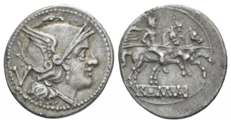 Quinarius circa 214-213,, AR 15mm., 2.18g. Helmeted head of Roma r.; behind, V. ...