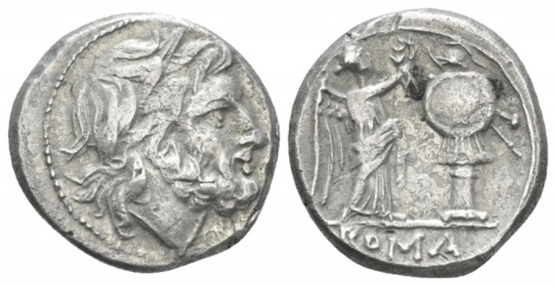 Victoriatus Sicily circa 211-208, AR 17.5mm., 3.27g. Laureate head of Jupiter r....