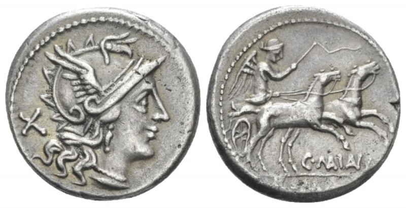 C. Maianius. Denarius circa 153, AR 18mm., 3.57g. Helmeted head of Roma r.; behi...