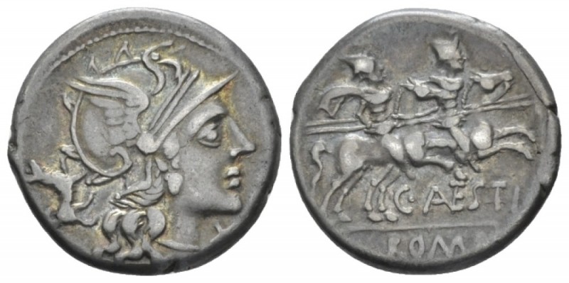 C. Antesti. Denarius circa 146, AR 18.5mm., 3.73g. Helmeted head of Roma r.; beh...