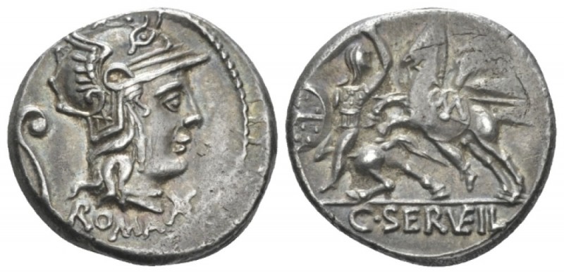 C. Servilius Vatia. Denarius circa 127, AR 18mm., 3.96g. Helmeted head of Roma r...