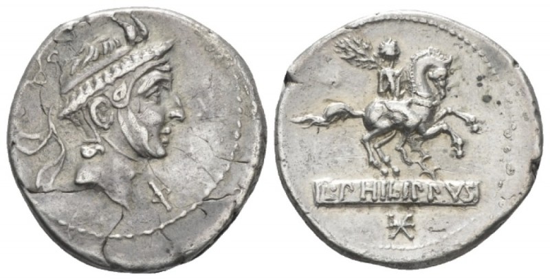 L. Marcius Philippus. Denarius 113 or 112, AR 19.5mm., 3.89g. Male head r., wear...