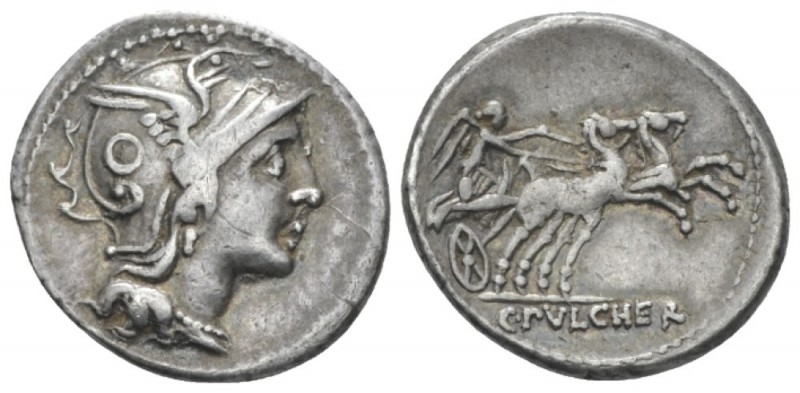 C. Claudius Pulcher. Denarius 110 or 109, AR 19mm., 3.90g. Helmeted head of Roma...