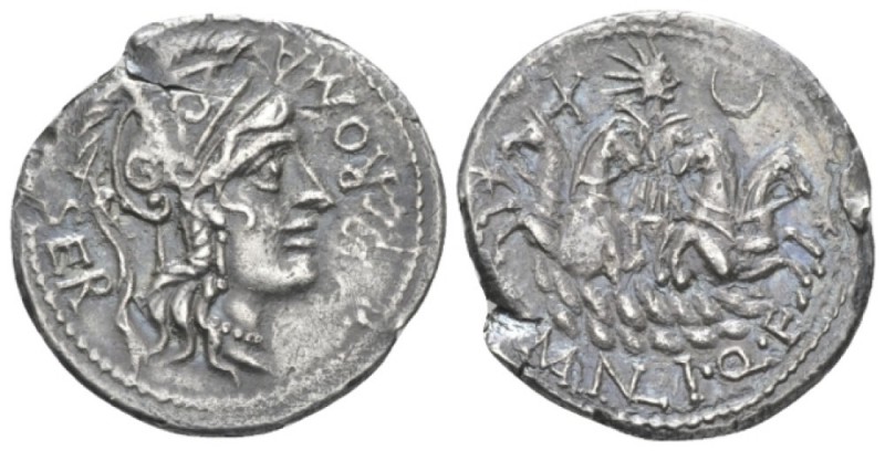 Denarius 118-107, AR 12.5mm., 3.65 g. SER – ROMA Helmeted head of Roma r., bowl ...