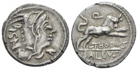 L. Thorius Balbus. Denarius circa 105, AR 19mm., 3.90g. Head of Juno Sospita r., wearing goats skin headdress; behind, I.S·M·R. Rev. Bull butting r.; ...