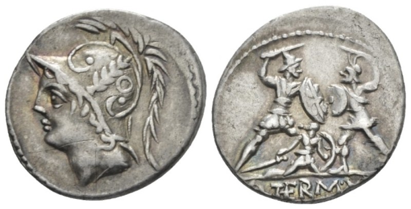 Q. Minucius M. f. Ter. Denarius circa 103, AR 19.5mm., 3.85g. Helmeted head of M...