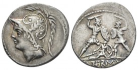 Q. Minucius M. f. Ter. Denarius circa 103, AR 19.5mm., 3.85g. Helmeted head of Mars l. with branch and annulet on bowl. Rev. Roman soldier fighting en...