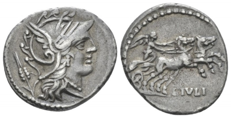 L. Iulius. Denarius circa 101, AR 19.5mm., 3.75g. Helmeted head of Roma; behind,...