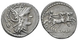 L. Iulius. Denarius circa 101, AR 19.5mm., 3.75g. Helmeted head of Roma; behind, corn ear. Rev. Victory in prancing biga r.; below, L·IVLI. Babelon Ju...