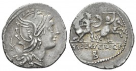 M. Servilius C.f Denarius circa 100, AR 21.5mm., 3.89g. Helmeted head of Roma r.; behind, symbol. Rev. Two soldiers fighting; in the background, their...