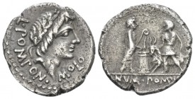 L. Pomponius Molo. Denarius circa 97, AR 19.1mm., 3.84g. L·POM PON·MOLO Laureate head of Apollo r. Rev. Numa Pompilius holding lituus behind lighted a...