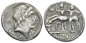 C. Publicius Malleolus, A. Postumius Sp. f. Albinus and L. Metellus. Denarius circa 96, AR 19.5mm., 3.91g. Laureate head of Apollo; behind, eight-raye...