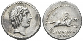 L. Piso Frugi. Denarius circa 90, AR 18.5mm., 3.82g. Laureate head of Apollo r. Rev. Horseman galloping r., holding palm-branch; above, symbol and bel...