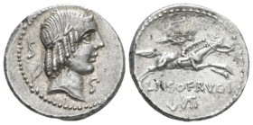 L. Piso Frugi. circa 90, AR 17.8mm., 3.94g. Laureate head of Apollo r.; in field, symbols. Rev. Horseman galloping r., holding palm-branch; below, L P...