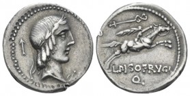 L. Piso Frugi. Denarius circa 90, AR 18.2mm., 3.86g. Laureate head of Apollo r.; behind, spaer. Rev. Horseman galloping r., holding palm-branch; above...