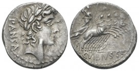 C. Vibius C.f. Pansa. Denarius circa 90, AR 18mm., 3.50g. PANSA Laureate head of Apollo r.; below chin, control mark. Rev. Minerva in fast quadriga r....