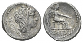 M. Cato. Quinarius circa 89, AR 13.4mm., 1.94g. M·CATO Ivy-wreathed head of Liber r. Rev. Victory seated r., holding patera in r. hand and palm-branch...