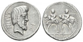 L. Titurius L.f. Sabinus. Denarius circa 89, AR 19.5mm., 3.81g. SABIN Head of King Tatius r.; before, TA ligate. Rev. Rape of the Sabine women; in exe...