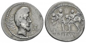 L. Titurius L.f. Sabinus Denarius circa 89, AR 19.5mm., 3.82g. SABIN Head of King Tatius r.; before, TA ligate. Rev. Rape of the Sabine women; in exer...