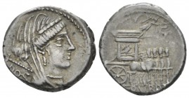 L. Rubrius Dossenus. Denarius circa 87, AR 19mm., 3.98g. Veiled and diademed head of Juno r., with sceptre on l. shoulder; behind, DOS. Rev. Triumphal...