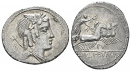 L. Iulius Bursio. Denarius circa 85, AR 21.5mm., 4.10g. Male head r., with the attributes of Apollo, Mercury and Neptune; behind, sword. Rev. Victory ...