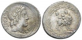 Mn. Fonteius C.f. Denarius circa 85, AR 21mm., 3.97g. MN·FONTEI – C·F Laureate head of Apollo r.; below, thunderbolt. Rev. Winged figure on goat r.; a...