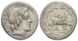 Mn. Fonteius C.f. Denarius circa 85, AR 19mm., 3.98g. MN·FONTEI Laureate head of Apollo r.; below, thunderbolt and below chin, C·F. Rev. Winged figure...