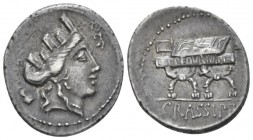 P. Fourius Crassipes. Denarius circa 84, AR 19mm., 3.60g. AED·CVR Turreted head of Cybele r.; behind, foot upwards. Rev. Curule chair inscribed P·FOVR...