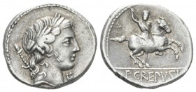 P. Crepusius. Denarius circa 82, AR 17.5mm., 3.70g. Laureate head of Apollo r., sceptre on far shoulder; below chin, poppy head with stalk; behind, V....