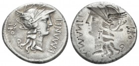 Brockage denarius mint moving with Sulla circa 82, AR 18mm., 3.82g. L·MANLI – PRO Q. Helmeted head of Roma r. Rev. Same type, incuse. Babelon Manlia 7...