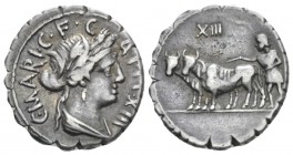 C. Marius C.f. Capito. Denarius serratus circa 81, AR 18.1mm., 3.93g. Draped bust of Ceres r.; around, C·MARI·C·F·CAPIT·VII. Rev. Ploughman with a yok...