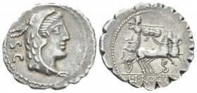 L. Procilius. Denarius serratus circa 80, AR 20.2mm., 3.80g. Head of Juno Sospita r.; behind, S·C. Rev. Juno Sospita in prancing biga r., holding shie...