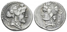 L. Cassius Q. f. Denarius circa 78, AR 17.8mm., 3.90g. Ivy-wreathed head of Liber r., with thyrsus over shoulder. Rev. L·CASSI·Q·F Vine-wreathed head ...