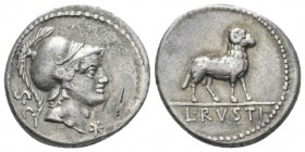 L. Rustius. Denarius circa 76, AR 18.3mm., 3.58g. Helmeted head of Minerva r.; behind, S C; before, *. Rev. Ram r.; in exergue, L RVSTI. Babelon Rusti...