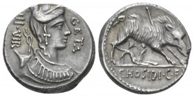 C. Hosidius C.f. Geta. Denarius circa 68, AR 17.1mm., 4.06g. Draped bust of Diana r., with bow and quiver over shoulder; before, GETA; behind, III VIR...